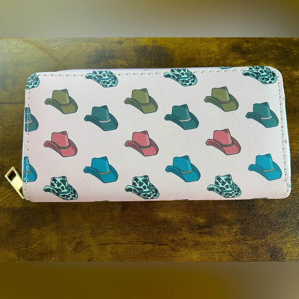 Pink Zip Around Wallet Cowboy Hats Design Western Cowgirl Rodeo 8x4 New